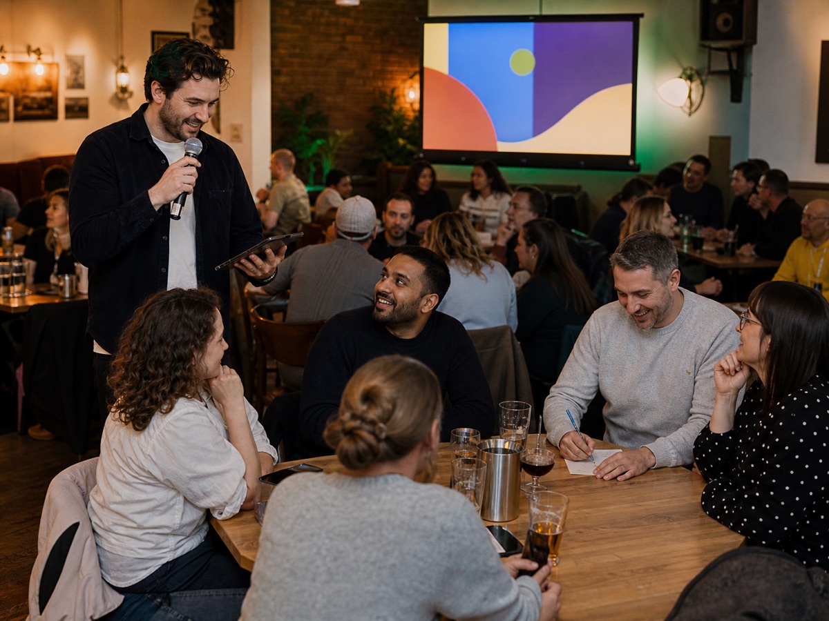 A professional quiz host running a live game for teams