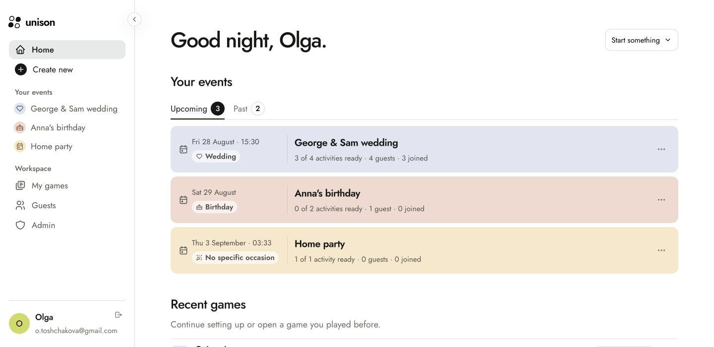 The unison organiser dashboard showing quizzes, games and planned events
