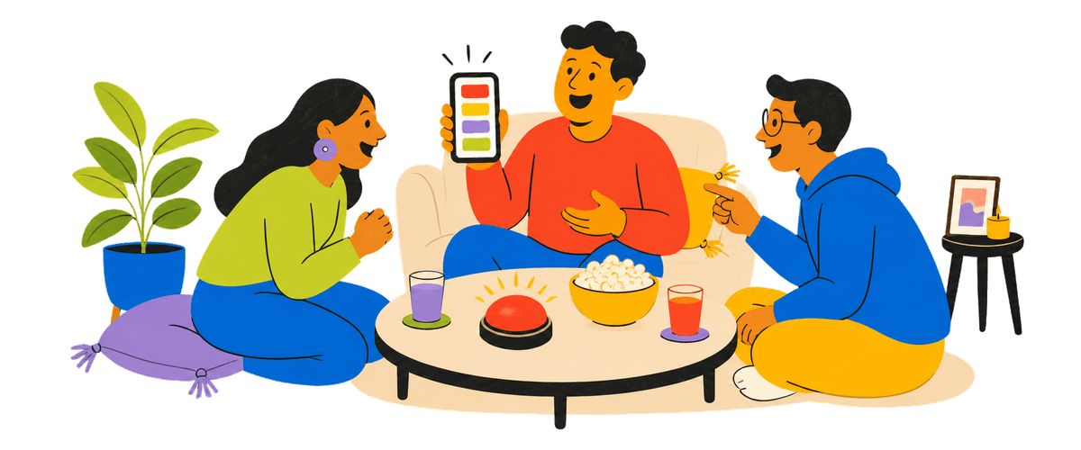 A host starting a phone-based party game with friends at home