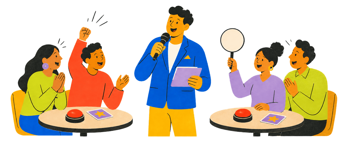 A professional quiz host running a lively game for two teams