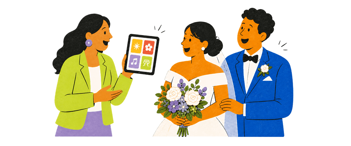 A wedding host showing the evening activities to a newly married couple